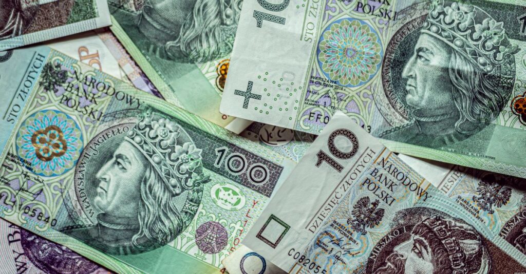 Close-up of various Polish Zloty banknotes, displaying currency and finance.