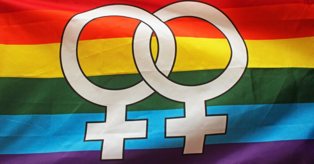 Bright rainbow flag displaying double Venus symbol representing lesbian pride and LGBTQ+ community.