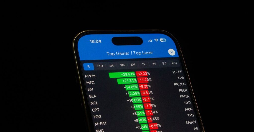 Close-up of a smartphone showing stock performance in a trading app. Ideal for financial and business themes.