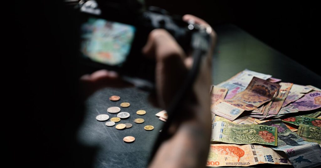 Close-up of Argentine peso notes and coins being photographed indoors.
